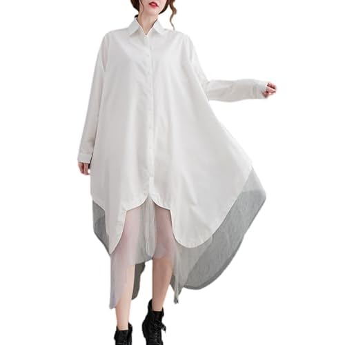 ellazhu Women's Casual Solid Long Sleeve Irregular Tulle Shirt Dress GZ45 Small-X-Large White