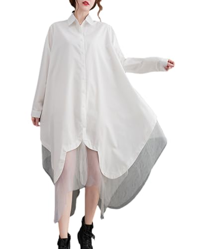 Image of ellazhu Women's Casual Solid Long Sleeve Irregular Tulle Shirt Dress GZ45