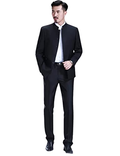 Wangyue Men's Chinese Tunic Suit Stand Collar Slim Fit 2 Piece Suits Front Button Blazer Pant Set2