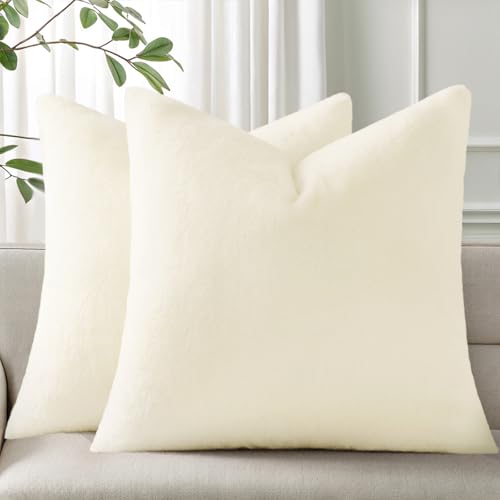 Pallene Faux Fur Plush Throw Pillow Covers 24x24 Set of 2, Soft Fluffy Couch Pillow Covers for Living Room, Cream White