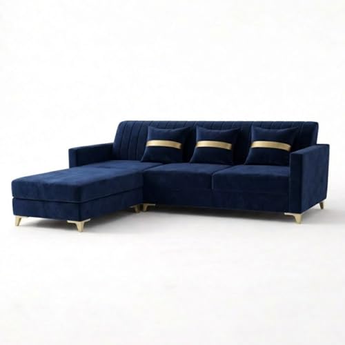 Image of CASASTYLE Groovy 4 Seater L Shape Sofa Set with Movable Ottoman | Flexible Left or Right Layout | Cozy Velvet Fabric | Soft Touch Seating | Modern Designer Sofa for Living Room (Dark Blue)