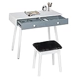 STHOUYN Small Writing Desk with Drawers Student Study Table for Adults, Simple Computer Desk and Chair Set 2 for Small Spaces Work Office Desks for Home, Vanity Makeup Desks Bedroom Gifts White
