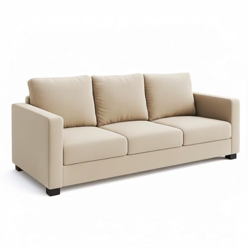 Image of FURNY Haster 3 Seater Fabric Sofa (Beige) Premium Velvet Finish Durable & Comfortable Ideal for Living Room