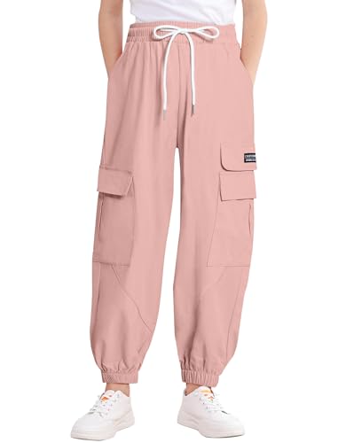 Image of JiAmy Girls Cargo Pants Elastic High Waist Drawstring Pants Jogger Trousers Casual Loose with Pockets 6-14Y