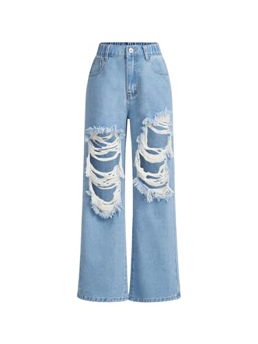 WDIRARA Girl's High Rise Elastic Waist Denim Pants Straight Leg Distressed Ripped Jeans with Pockets