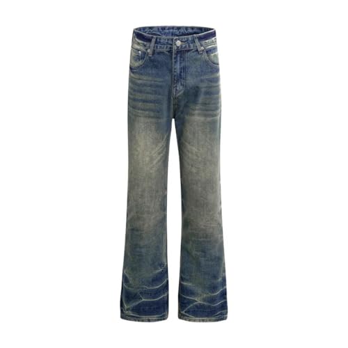 Men’s Retro Washed Distressed Jeans, Pocket Design, High Street Loose Straight Flare Denim Pants