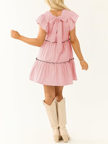 Image of Women's Summer Babydoll Mini Dress V Neck Tie Back Ruffle Sleeve Casual Tiered Loose Flowy Swing Tunic Shift Dress