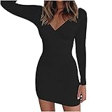 Masrin Etuikleid für Damen Sexy einfarbiges figurbetontes Kleid V-Ausschnitt Langarm-Taschen-Hüftkleid Club-Kleid Party Kleid(M,Schwarz)