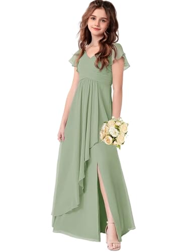 Chiffon Junior Bridesmaid Dresses for Girls Ruffle Sleeve Formal Party Wedding Guest V Neck Flower Girl Dress Sage Green-16