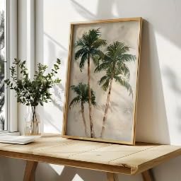DIHANSM Moderne tropische Palmenkunst, lebendiger grüner und beiger botanischer Druck (60x80cm/Galerierahmen)
