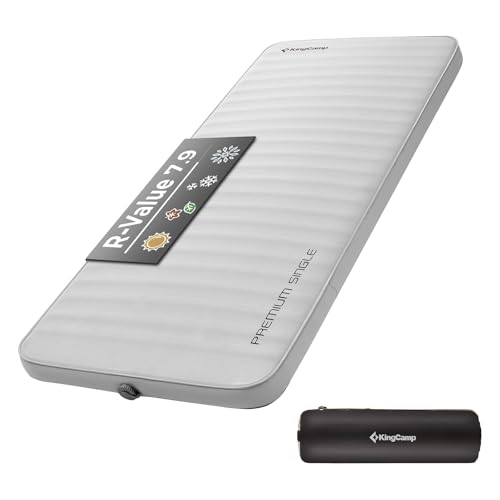 Image of KingCamp PREMIUM SINGLE Self Inflating Sleeping Pad, 7.5 R-Value Air & Foam Camping Mattress, 3 inch Thick Insulated Sleeping Pad with Pump Sack for Car Camp Tent, PVC Free, Single Light Grey