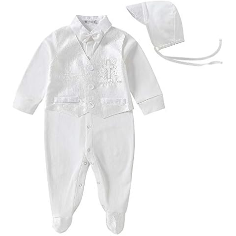 Booulfi Baby Boy's 2/3 Pcs Set Christening Baptism Outfits Long Sleeve Suit Romper Set,Cross Embroidery - Ivory - 3-6 Months Cover