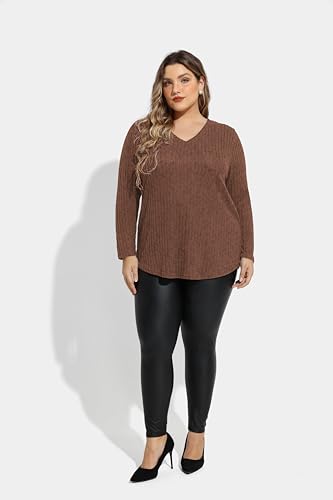 Image of RITERA Plus Size Sweater, Ribbed Long Sleeve Solid Top for Women | Soft vertical ribbed knit, modest V neck, loose long sleeves, curved swing hem, slimming casual layering top for curvy women