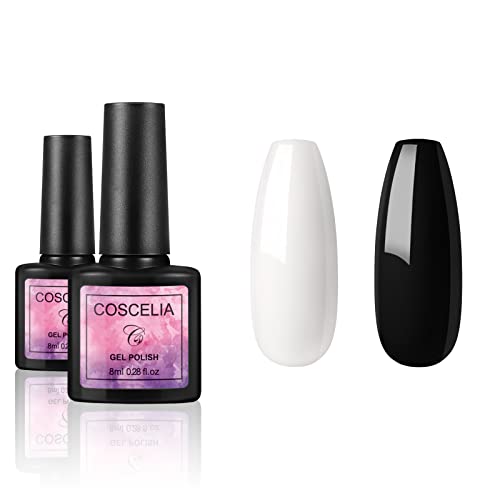 COSCELIA 2pcs 8ml Esmaltes Semipermanentes, Esmaltes en Gel de Color Clásico Blanco& Negro U-V LED Uñas de Gel Pintauñas Semipermanentes Esmaltes de Uñas Art de Manicura