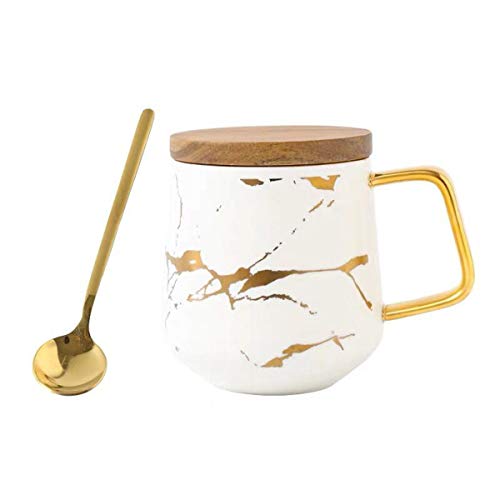 YBK Tech Taza de té de porcelana para té de la tarde – diseño de mármol (blanco, alto 400 ml + tapa de bambú)