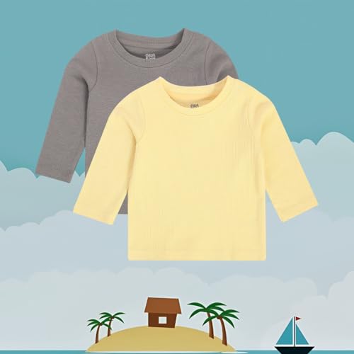 Image of miniklub Baby Round Neck Full Sleeve Knitted Cotton T-Shirt, Pack of 2 (Yellow /Grey Color)