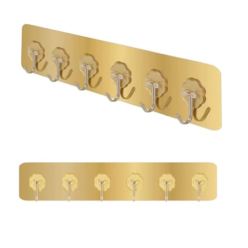 Image of Self Adhesive Wall Hooks for Kitchen Organizer Hook for Wall Without Drilling for Home Kitchen Bathroom Bedroom Keys Bag Towels - 6 Stainless Steel Hook with Plastic Strip ( Golden, Pack of 1)