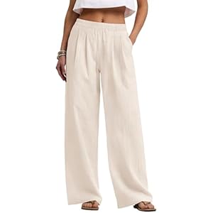 LOMON Linen Pants Women Wide Leg Palazzo Pants Beach Vacation Outfits Cotton Summer 2026 Flowy Clothes Trousers with Pockets Apricot Small