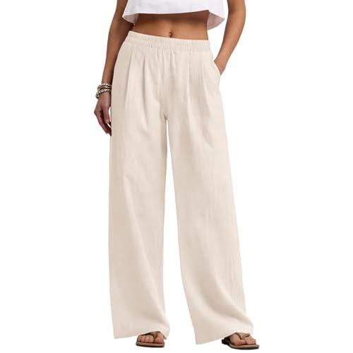 LOMON Linen Pants Women Wide Leg Palazzo Pants Beach Vacation Outfits Cotton Summer 2026 Flowy Clothes Trousers with Pockets Apricot Small