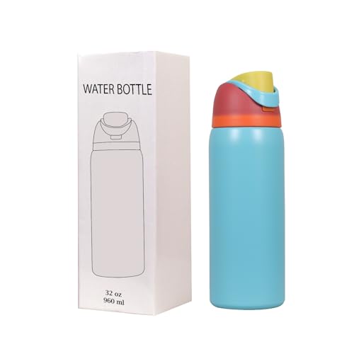 Image of FreeSip Gym Water Bottle with Straw & Chug Lid - Leak Proof Push Button Opening, BPA Free, Large Capacity Sports Bottle with Carry Handle (Cyan Blue, 960 ML)
