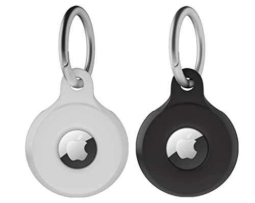 2 Pack Apple Airtag Holder | Apple Airtag Keyring | Airtag Tracker with Keychain, Multi-Color Protective Silicone Airtag Case Key Ring for Wallet, Dog Collar, Luggage, Keys (Black, White)