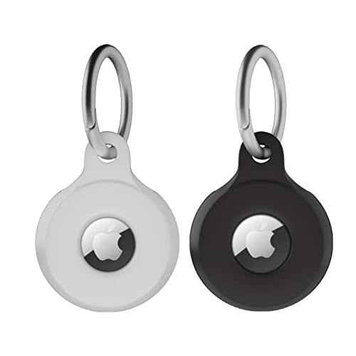 2 Pack Apple Airtag Holder | Apple Airtag Keyring | Airtag Tracker with Keychain, Multi-Color Protective Silicone Airtag Case Key Ring for Wallet, Dog Collar, Luggage, Keys (Black, White)