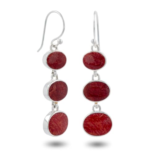 Pendants d'Oreilles Corail Rouge Femme Argent 925 boucles d'oreilles cabochons ovales