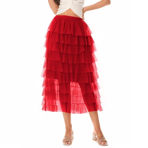 Women's Elastic Waist Tiered Layered Mesh Ballet Prom Party Tulle Tutu A-line Long Skirt2