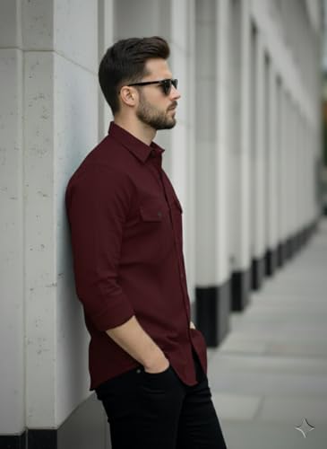 Image of DEELMO Men's Classic Cotton Blend Slim Fit Shirt || Full Sleeve Button-Down Casual Shirt with Dual Flap Pockets || Soft Breathable Fabric || Ideal for Office Party and Everyday Wear