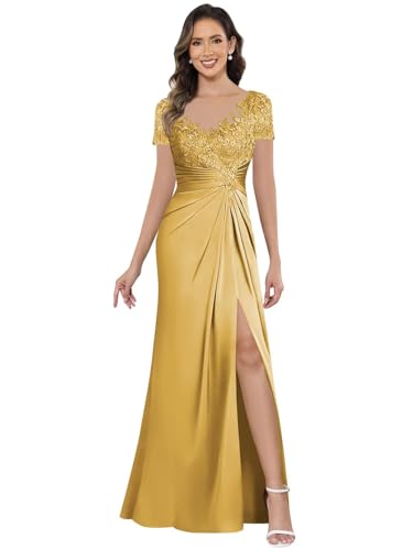 Short Sleeve Satin Mother of The Bride Dresses for Women V Neck Lace Long Wedding Guest Dresses with Slit