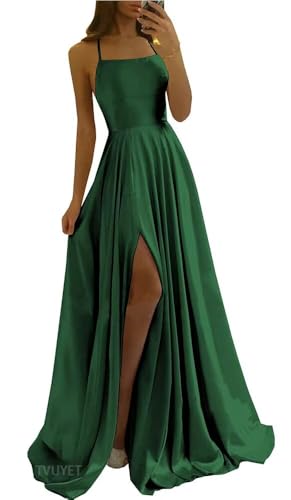 Image of Tvuyet Satin Prom Dresses Long with Pockets Spaghetti Straps A Line Bridesmaid Dresses with Side Slit Ball Gown