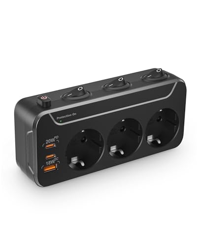 Ladron Enchufes Plano con Interruptor Individuales,Regleta 3 Tomas Proteccion Sobretension,Enchufe Multiple Pared con USB C y PD20W Cargador,Multiplicador Adaptador Triplas Tomadas Electricas,Negro