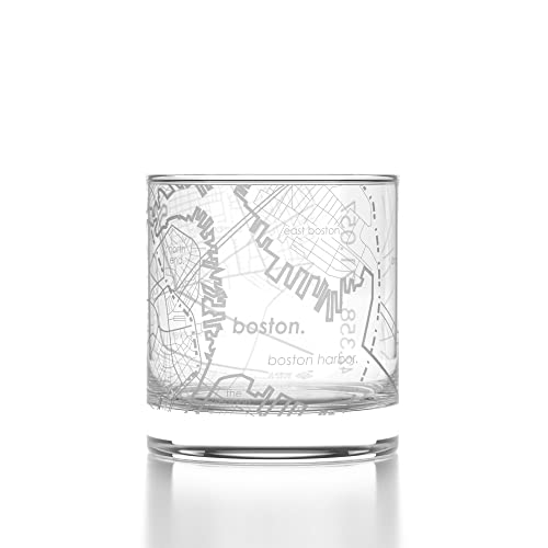 Well Told Engraved Boston Massachusetts Map Rocks Glass, Old Fashioned Whiskey Glass (11 oz, Clear) Etched Whiskey Glass, Gifts For Whiskey Lovers