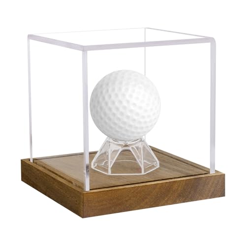 Image of Clear Acrylic Golf Ball Display Case with Wood Base & Acrylic Holder, Memorabilia Stand Cube Holder, Dust Protection Transparent Storage Box for Single Ball Souvenir Golfball Collections