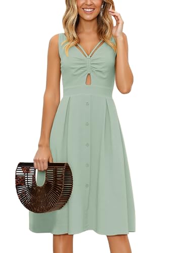 Image of ECOWISH Women 2026 Summer Dresses Tie Front V-Neck Spaghetti Strap Button Down A-Line Backless Swing Midi Dress