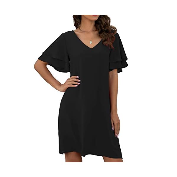 QIXING-Womens-Summer-Casual-Loose-Mini-Dress-V-Neck-Bell-Short-Sleeve-Shift-Dress QIXING Women's Summer Casual Loose Mini Dress V-Neck Bell Short Sleeve Double Layer Shift Dress Black-XL-16