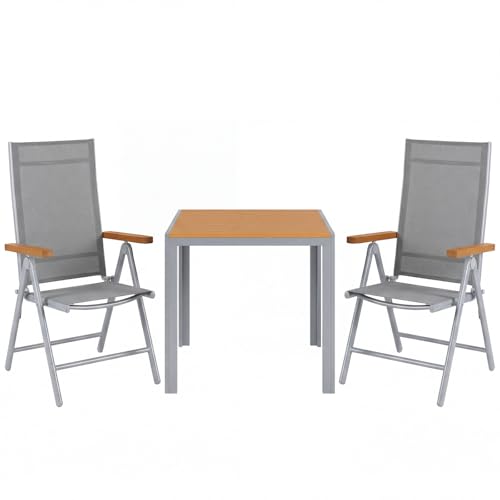 LIFERUN Lot de 3 Salons de Jardin Balcon en Aluminium, 2 Chaises Pliantes Réglables à Dossier Haut + 1 Table Carrée en WPC, Mobilier Extérieur Résistant aux...