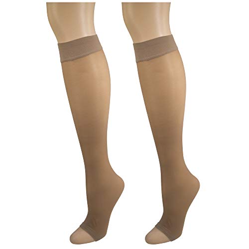 NuVein Sheer Compression Stockings for Women, 8-15 mmHg Support, Light Denier, Knee High, Open Toe, Beige, Large