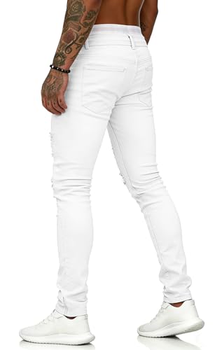Image of HUNGSON Men's Blue Slim Fit Jeans Stretch Destroyed Ripped Skinny Jeans Side Striped Denim Pants