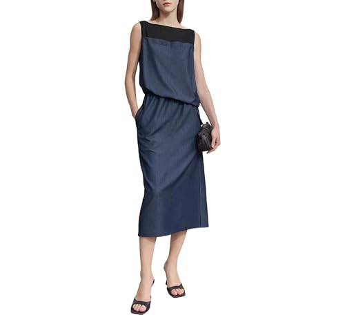 Women's Casual Sleeveless Midi Dress Patchwork Slant Waist Loose Fit