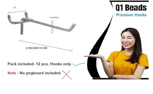 Image of Q1 Beads 12 Pack 6 inch Heavy Duty Peg Hooks for 1 inch Spaced Pegboards, Utility Hooks for Wall Organizing in Home or Garage (Chrome, 6 inches, 12 Pcs)
