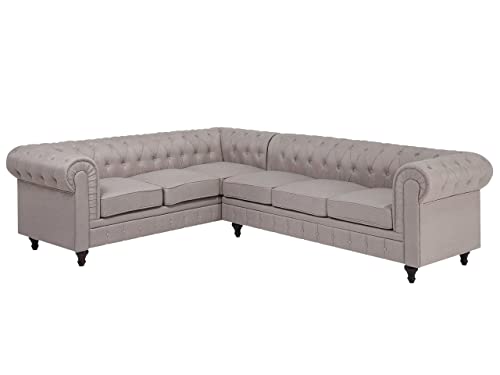 Beliani Canapé d'angle à Droite en Tissu Beige Housse Amovible Assise Large Chesterfield