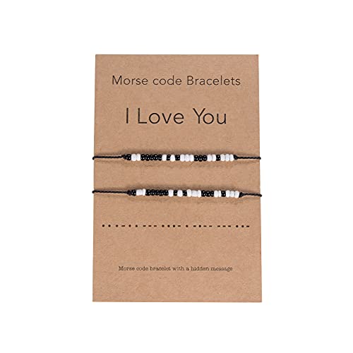 CheersLife 2 piezas código Morse cuentas de arroz pareja pulsera amuletos de la suerte joyería tejida a mano regalos para mujeres novio novia mejores amigos madre hija regalos del día de San Valentín