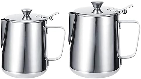Coffee Press Stainless Steel Coffee Milk Frothing Cup Jug with Lid Coffee Pitcher Art for Home Milk Tea Coffee Shop Pots(600ml)