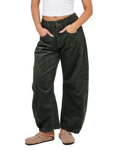 Lviefent Womens Mid Rise Cord Barrel Jeans Casual Baggy Wide Leg Corduroy Cropped Ankle Pants with Pockets