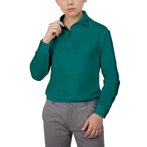 School Uniform Shirts for Boys Zipper Long Sleeve Collared Kids Polo Shirt Casual Solid Color Tops Outfits 5-14 Years Dark Green