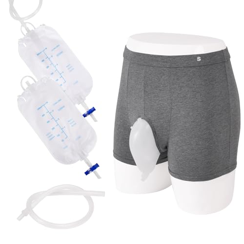 Wearable Urine Collector for Men with Small Size Cotton Fixing Pants -Protable Male Urine Collection Bag with 2 Urine Bags (500ml), 1.2M Tube & Adjustable Pants for Bedridden Patients Medium Size