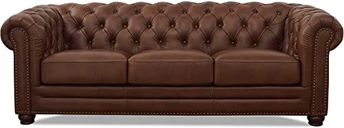 Image of Dime Store Wooden Chesterfield Sofa 3 Seater with Button Tufted Design Solid Wood Frame Upholstered Couch with Rolled Arms | Luxury Living Room Sofa for Home, Office, Lounge & Reception (Brown)
