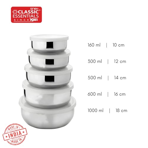 Image of CLASSIC ESSENTIALS Steel Fridge container - 350 ml, 500 ml, 750 ml, 1200 ml, 1600 ml Steel Fridge Container (Pack of 5, Silver)