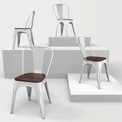 Image of Metal Dining Chairs with Backrest, Wood Seat, White, 4 Pack | Easy Assembly, Non-Slip Feet, 330 lb Capacity, Kitchen, Restaurant, Cafe, Pub, Covered Patio